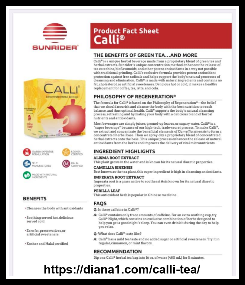 Sunrider Calli Tea Product Fact Sheet Diana Walker
